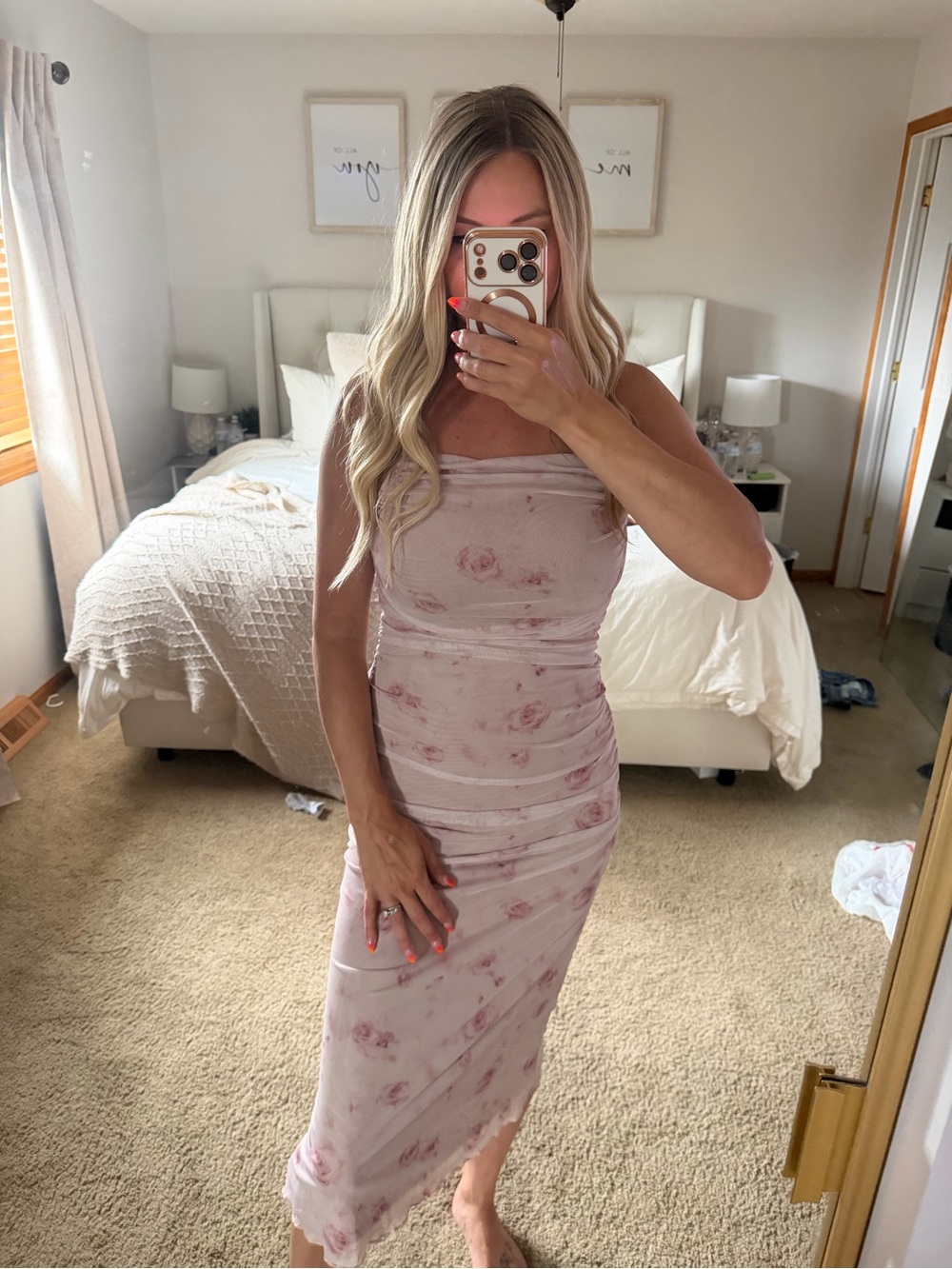 Women’s Strapless Pink Floral Midi Dress